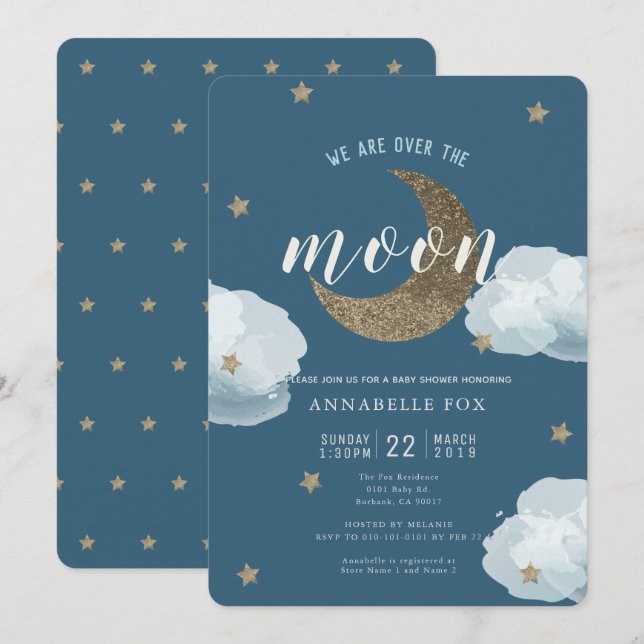 Over the Moon Midnight Blue Baby Shower Invitation (Front/Back)