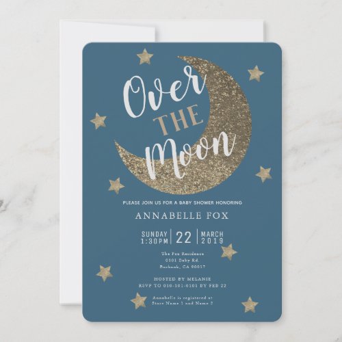 Over the Moon Midnight Blue Baby Shower Invitation