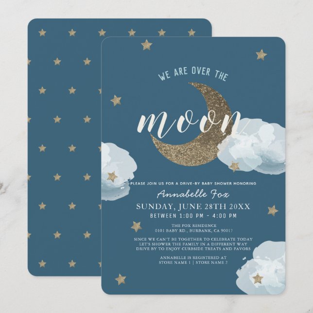 Over the Moon Midnight Blue Drive-by Baby Shower Invitation (Front/Back)