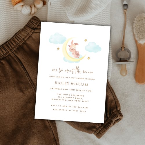 Over The Moon Minimalist Little Bunny Baby Shower Invitation