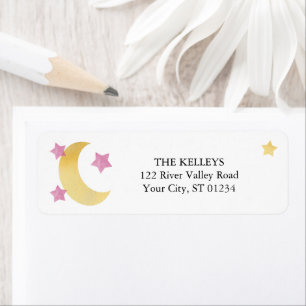 Over the Moon, Moon and Pink Stars Return Address Label