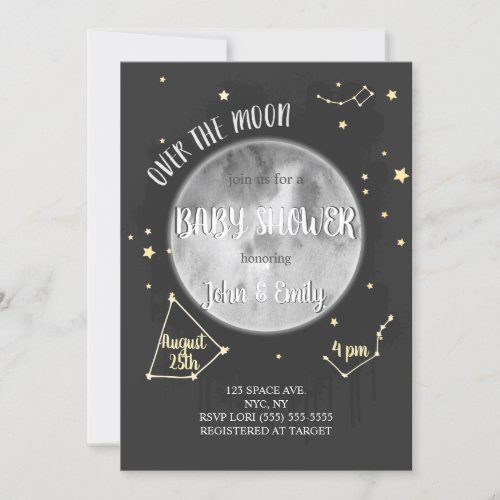 Over The Moon  Moon  Stars Baby Shower Invitation