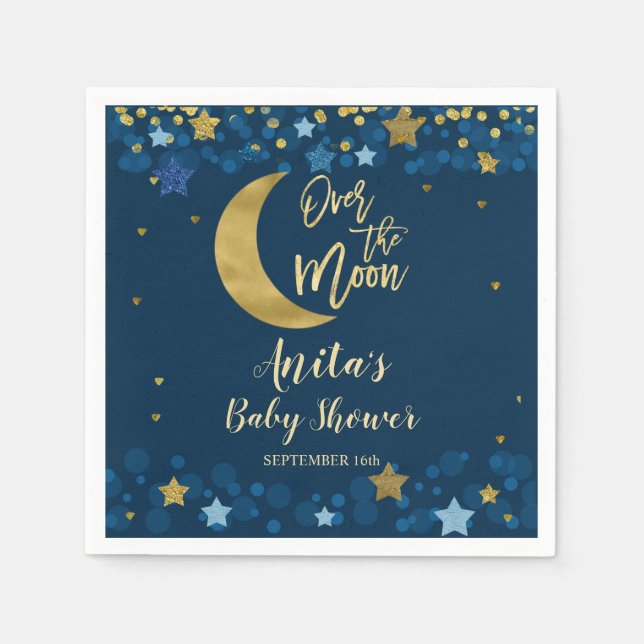 Over The Moon Navy Baby Shower Gold Glitter Napkins (Front)