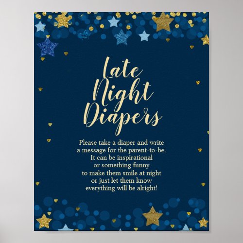 Over The Moon Navy Baby Shower Late Night Diapers Poster