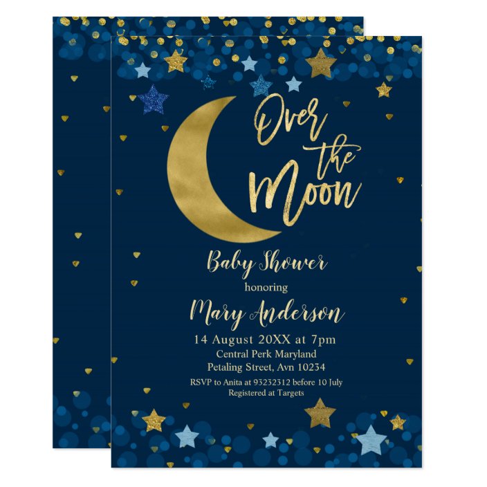 Over The Moon Navy Blue Baby Shower Invitation