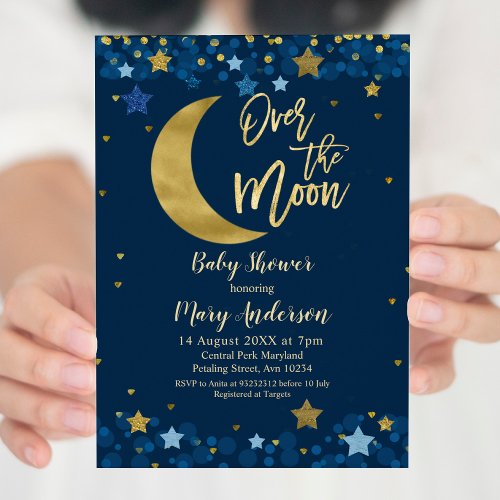 Over The Moon Navy Blue Baby Shower Invitation