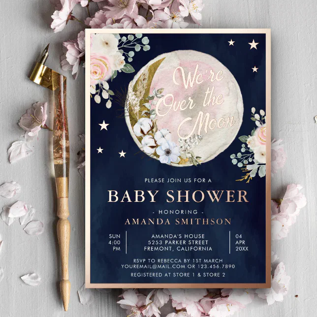 Over The Moon Navy Blue Baby Shower Pink Rose Gold Foil Invitation Zazzle