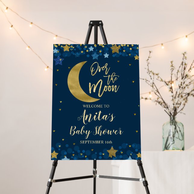 Over The Moon Navy Blue Baby Shower Sign (In Situ (Stand))