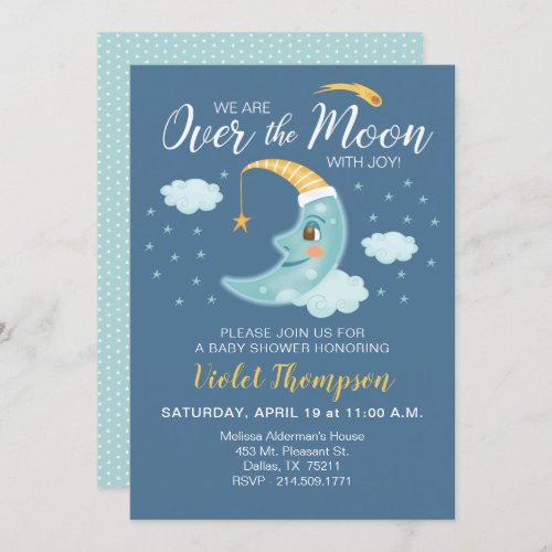 Over the Moon Navy Blue Boy Baby Shower Invitation
