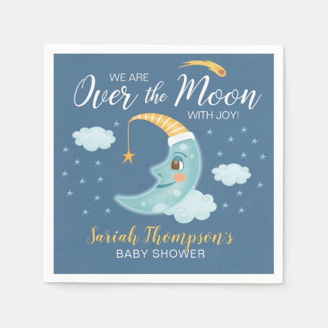 Over the Moon Navy Blue Boy Baby Shower Napkins (Front)