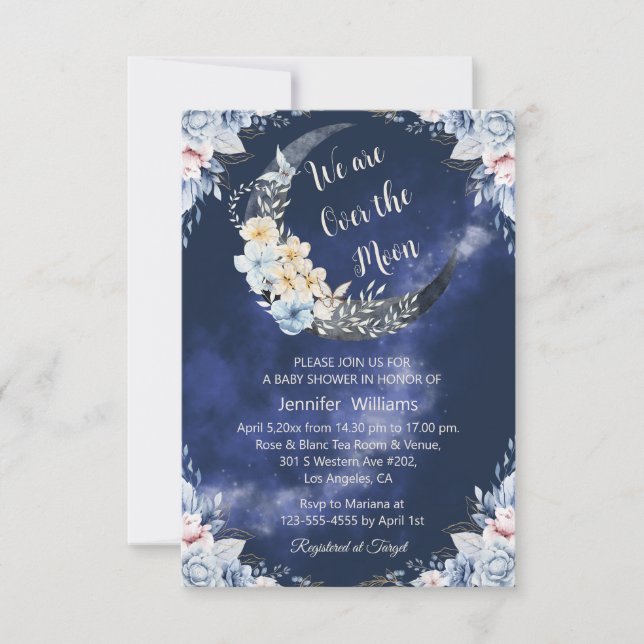 over the moon navy botanical baby shower  invitation (Front)