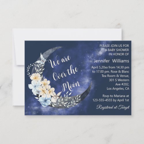 over the moon navy floral baby shower stylish invitation
