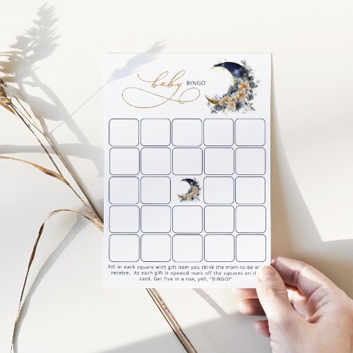 Over the moon navy gold Baby Bingo game card