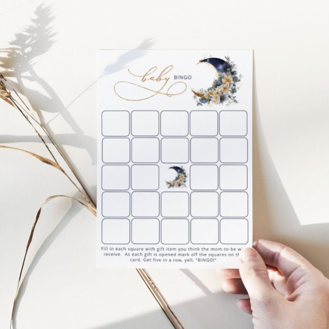 Over the moon navy gold Baby Bingo game card (Creator Uploaded)
