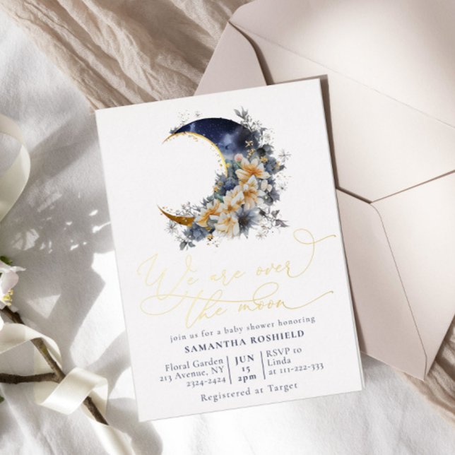 Over the moon navy gold baby shower foil invitation (Creator Uploaded)