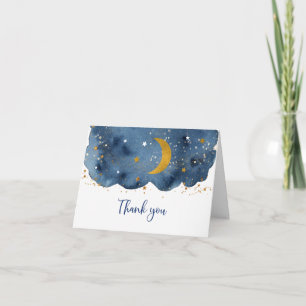 Over the Moon Navy Gold Baby Shower Letterpress Thank You Card