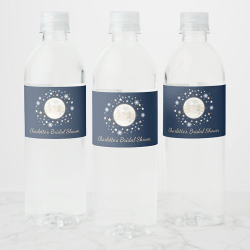 Over the Moon  Navy Gold Celestial Twinkle Star Water Bottle Label