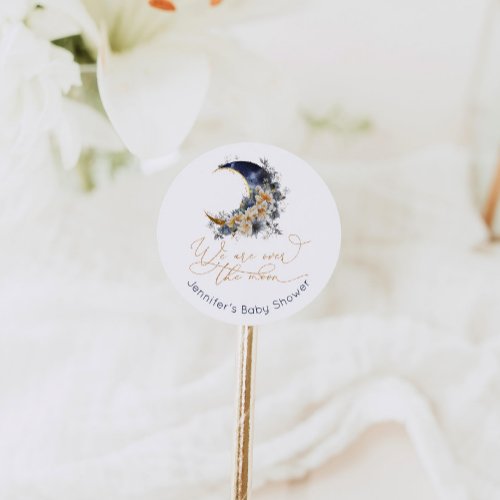 Over the moon navy gold foil baby shower classic round sticker