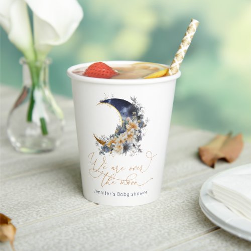 Over the moon navy gold foil baby shower paper cups