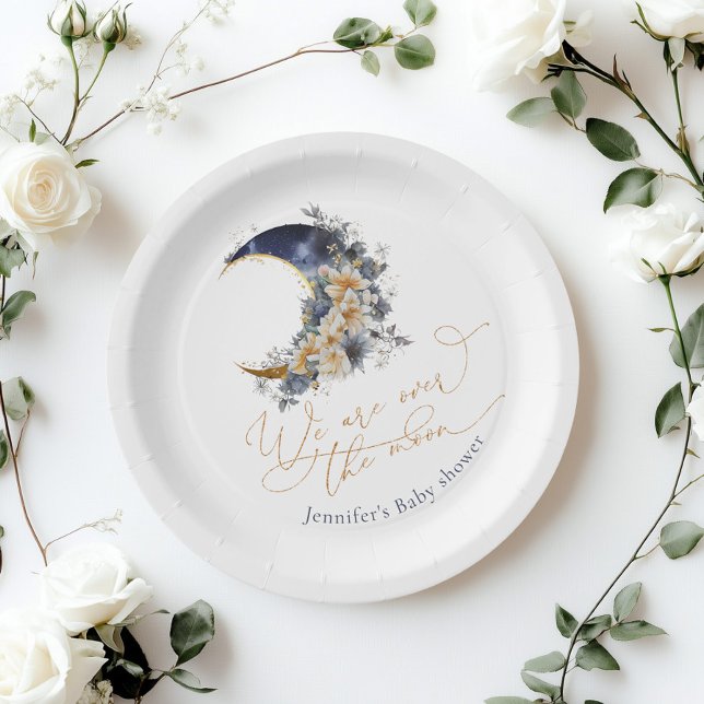 Over the moon navy gold foil floral baby shower  paper plates (Creator Uploaded)