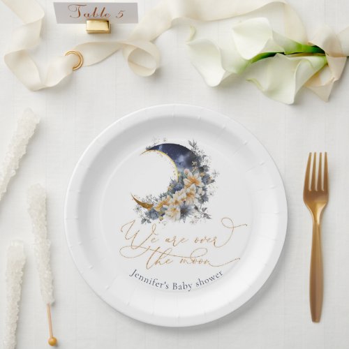 Over the moon navy gold foil floral baby shower  paper plates