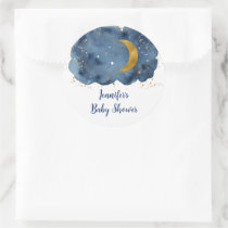 Over the Moon Navy Gold Galaxy Baby Shower Classic Round Sticker