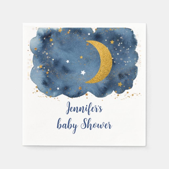 Over the Moon Navy Gold Galaxy Baby Shower Napkins (Front)