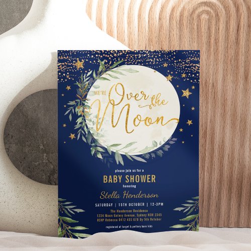 Over the Moon Navy Gold Greenery Baby Shower Invitation