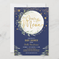 Over the Moon Navy Gold Greenery Baby Shower Invitation