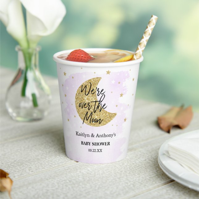 Over The Moon | Neutral Baby Shower Paper Cups (Insitu)