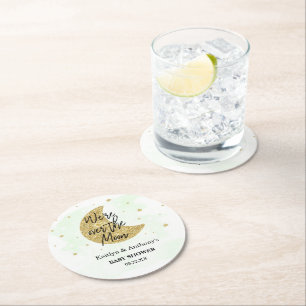Over The Moon Neutral Baby Shower Round Paper Coaster
