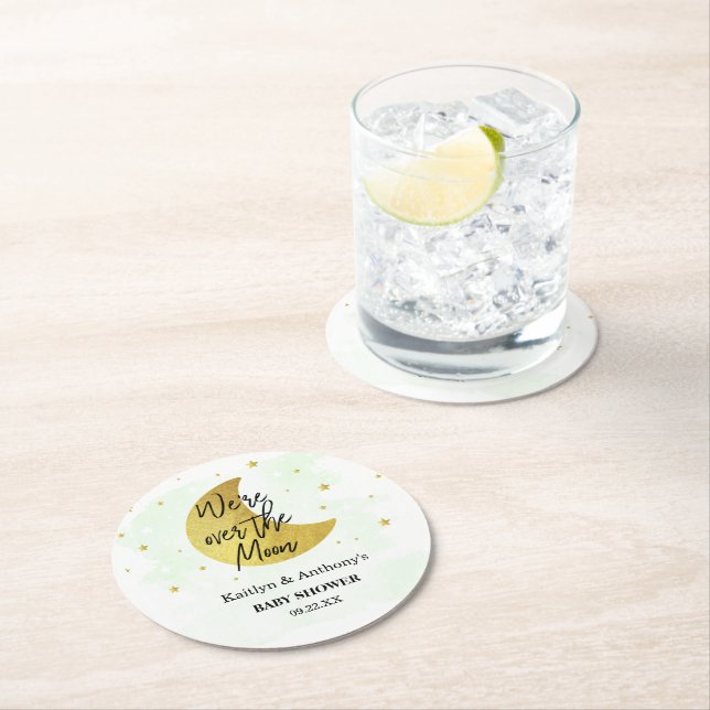 Over The Moon | Neutral Baby Shower Round Paper Coaster (Insitu)