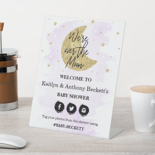 Over The Moon  Neutral Baby Shower Welcome Pedestal Sign
