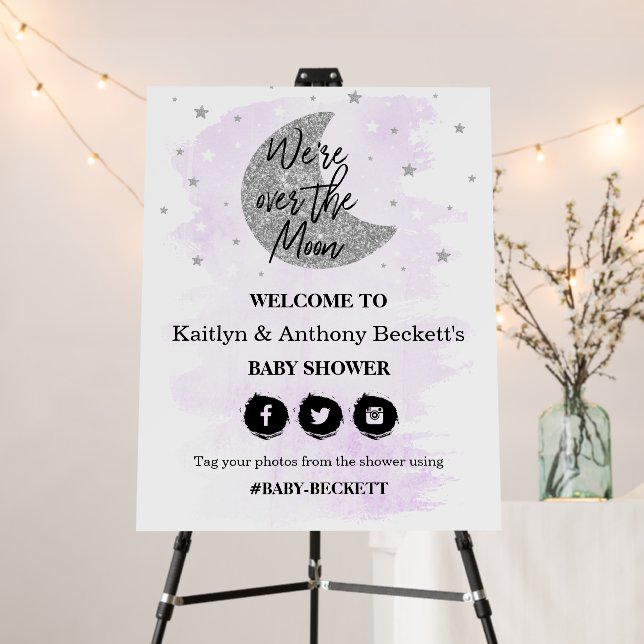 Over The Moon | Neutral Baby Shower Welcome Sign (In Situ (Stand))