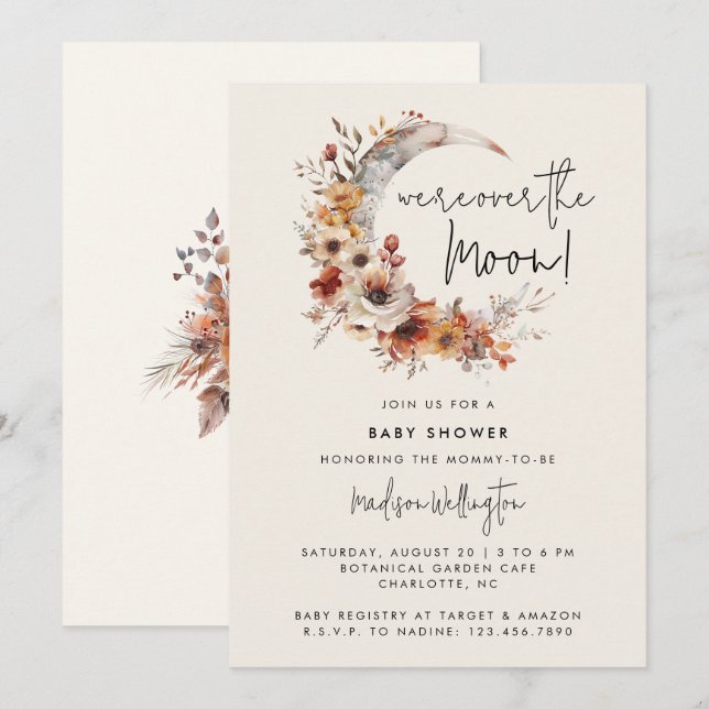 Over The Moon Neutral Boho Florals Baby Shower Invitation (Front/Back)