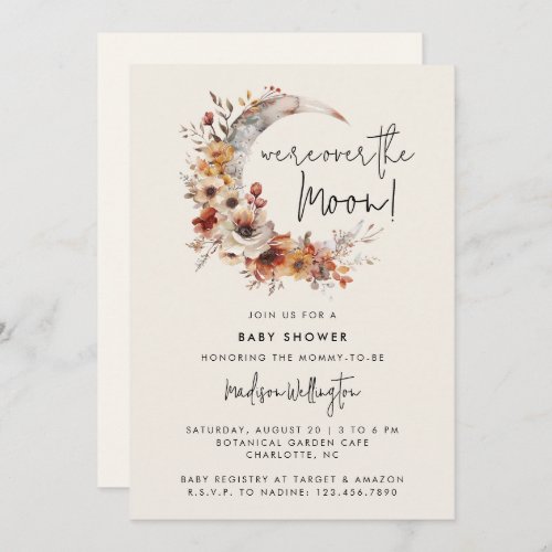 Over The Moon Neutral Boho Florals Baby Shower Invitation