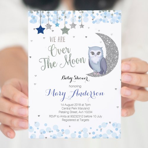 Over the Moon Owl Baby Shower Invitation Blue