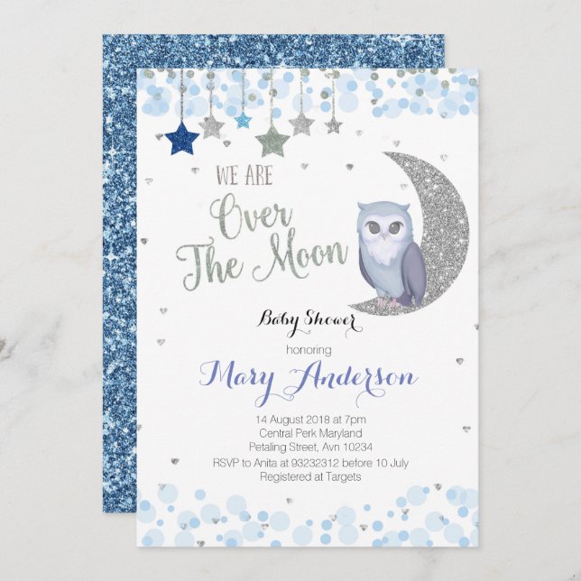 Over the Moon Owl Baby Shower Invitation Blue (Front/Back)