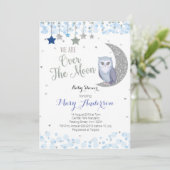 Over the Moon Owl Baby Shower Invitation Blue (Standing Front)