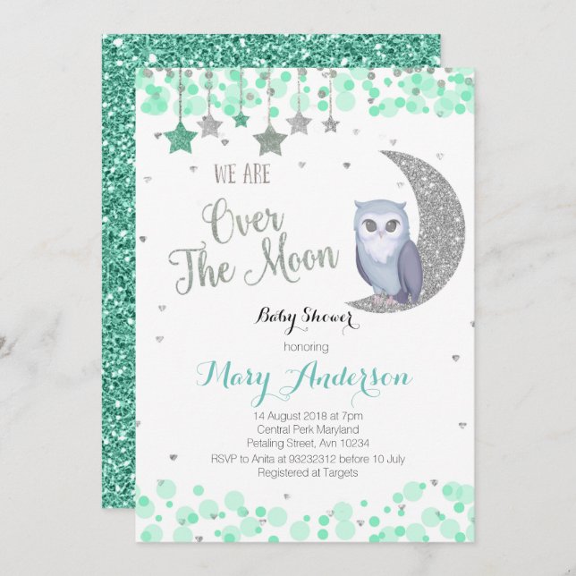 Over the Moon Owl Baby Shower Mint Green Invitation (Front/Back)