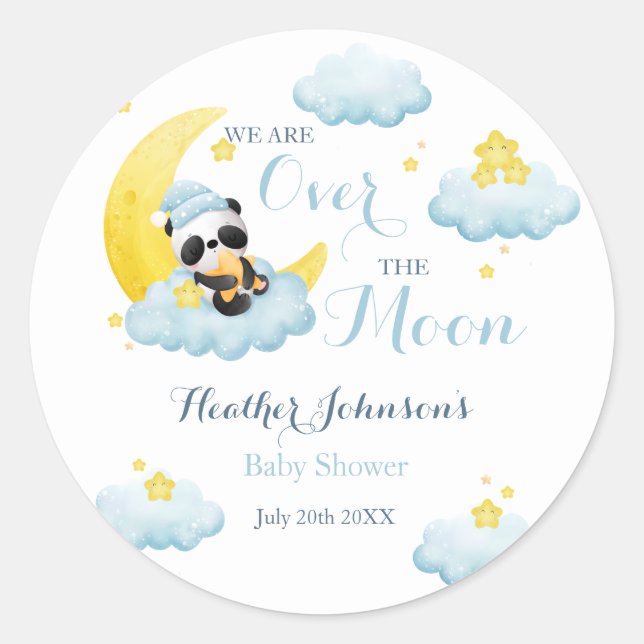 Over The Moon Panda Bear Boy Baby Shower Classic Round Sticker (Front)