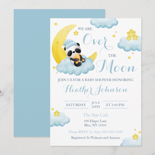 Over The Moon Panda Bear Boy Baby Shower Invitation (Front/Back)