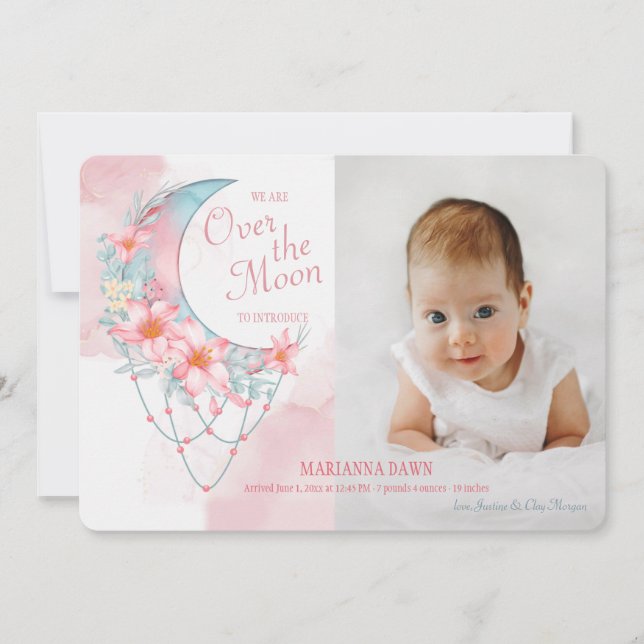 Over the Moon Photo Birth Announcement (Front)