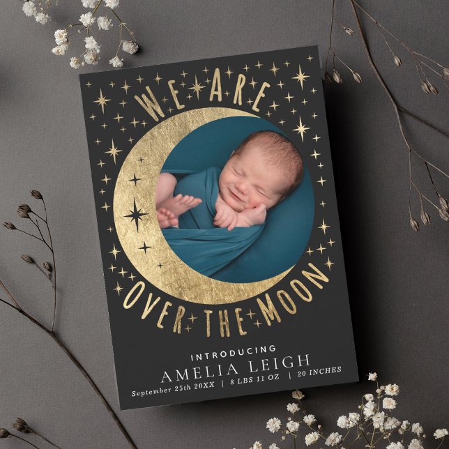 Over the Moon Photo Birth Announcement Card (Creator Uploaded)