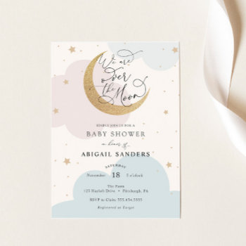 Over The Moon Pink And Blue Baby Shower Invitation by AdorePaperCo at Zazzle