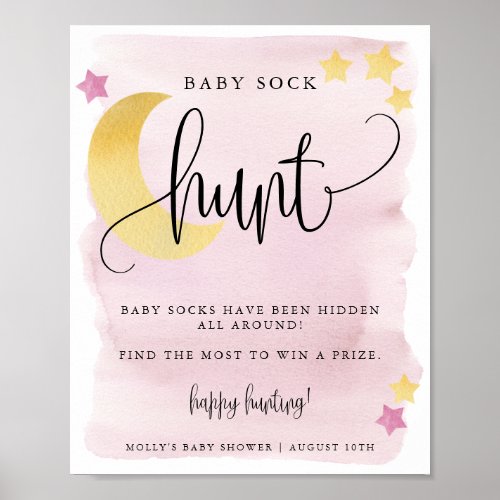 Over the Moon Pink Baby Shower Baby Sock Hunt Game Poster