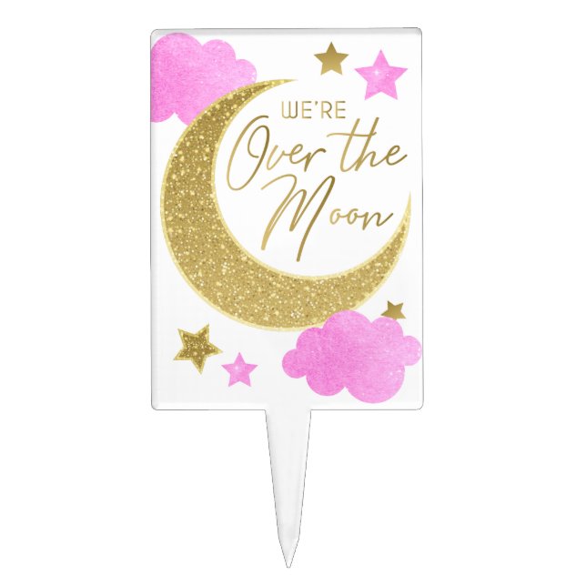 Over the Moon Pink Baby Shower Cake Topper (Front)