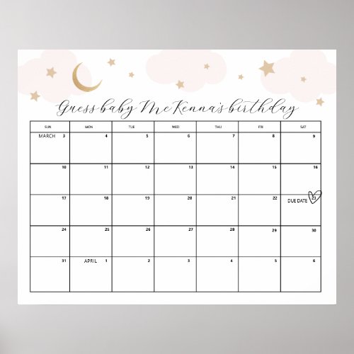Over the Moon Pink Baby Shower Due Date Guess Game Poster