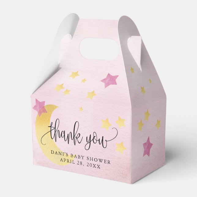 Over the Moon, Pink Baby Shower Moon Stars Favor Boxes (Front Side)