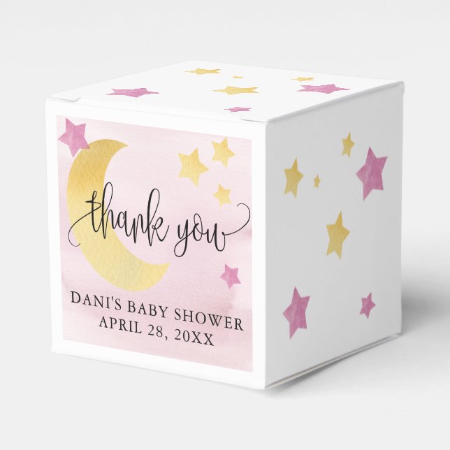 Over the Moon, Pink Baby Shower Moon Stars Small Favor Boxes (Front Side)